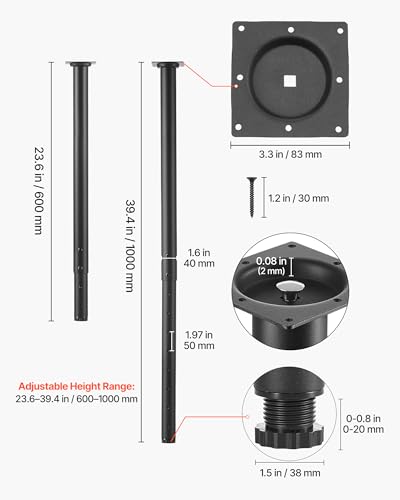 VEVOR Adjustable Table Legs, 24-40 in Round Steel Furniture Legs, 1200 lbs Max Load Heavy Duty, Quick Installation, Ideal for Home Office Desk DIY, Coffee Dinner Bar Tables, Workbenches, 4 PCS, Black - size: 3.3 x 3.3 x (23.6-40) in