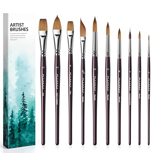 Fuumuui Sable Watercolor Brushes, Professional 10Pcs Sable Paint Brush Set Variety Shapes with Flats, Extended Needle Point, Dagger, Cat's Tongue, Rounds Perfect for Watercolor Acrylic Gouache Inks - color: Brown