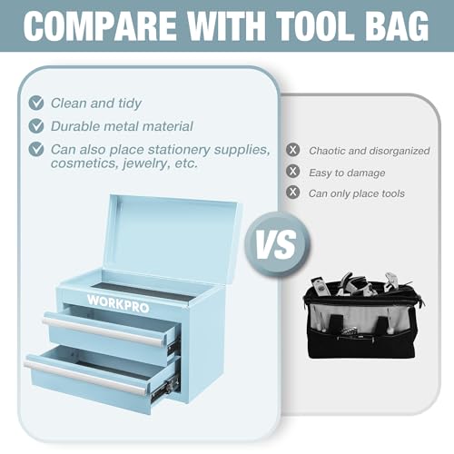 WORKPRO Metal Mini Tool Box with 2 Drawers and Top Storage - color: Macaron Blue