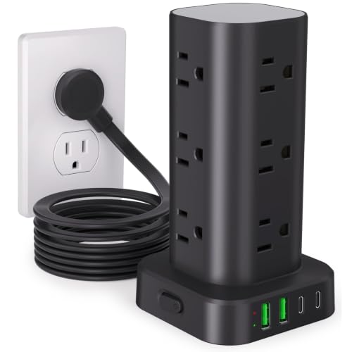 10FT Power Strip Tower Surge Protector, 12 Wide Spaced Outlets, 4 USB - color: Black, size: 10FT without Wireless Charging