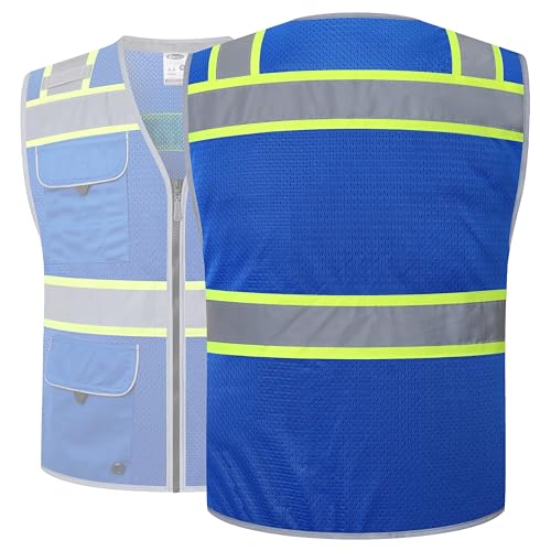 JKSafety Hi-Vis Unisex Surveyor Safety Vest Heavy Duty PPE Inner Pockets ANSI/ISEA Compliant - color: Jk189-blue, size: Medium
