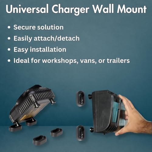 Universal Charger Mount - Power Tool Charger Holder - Universal Charger Wall Mount - Battery Charger Mount - Compatible with DeWalt, Milwaukee, Makita, & More - Injection Molded ABS Plastic