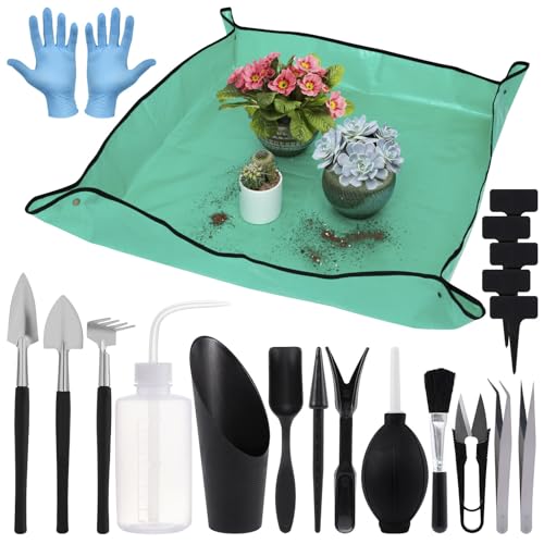 ANPHSIN 20pcs Small Gardening Tools Gifts for Women Beginners, Green | Garden Hand Tools Set for Indoor Succulent Bonsai Plants Transplanting, Included 39" Plant Repotting Mat/Mini Shovel/Labels - color: Green