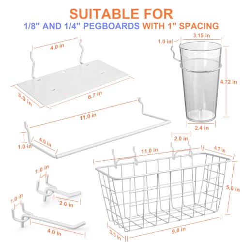 Pegboard Organizer Accessories, 18 Pack Baskets Cups Hooks (White+Clear) - color: White+Clear