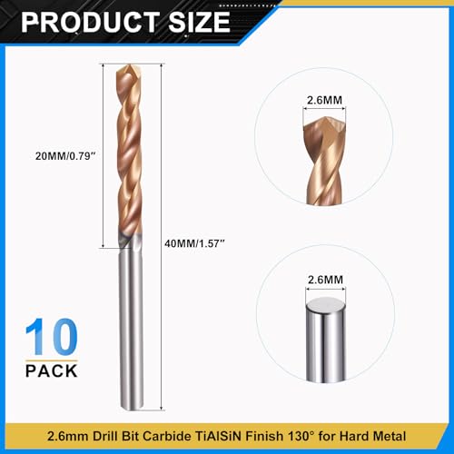 PATIKIL 2.6mm Drill Bit Carbide for Stainless Steel Hard Metal 130° 10 Pack - size: 2.6mm