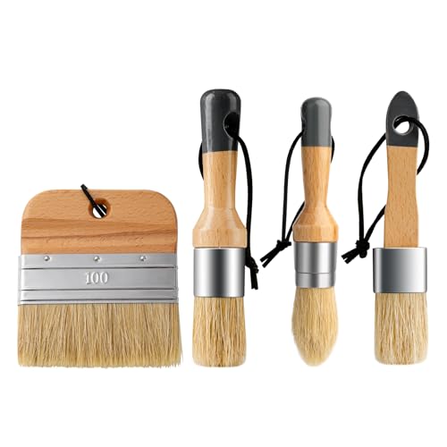 Chalk Paint Brushes Set of 4, Flat and Round, Natural Bristles - size: 1 Flat + 3 Small Round, 4 Pack