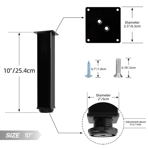 QLLY 10 inch Square Adjustable Metal Furniture Legs, Heavy Duty Black Cabinet Feet with Leveling Pads, Set of 4 for Sofa, Couch, Ottoman, Cabinet and Shelf Replacement - color: Black, size: 10 inch