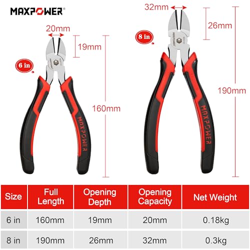 MAXPOWER Diagonal Cutting Pliers, 6-inch & 8-inch Side Cutting Pliers for Cutting Electrical Wire, Cable Ties, DIY Craft, Non-slip and Soft Grip Handle - 2 Pack