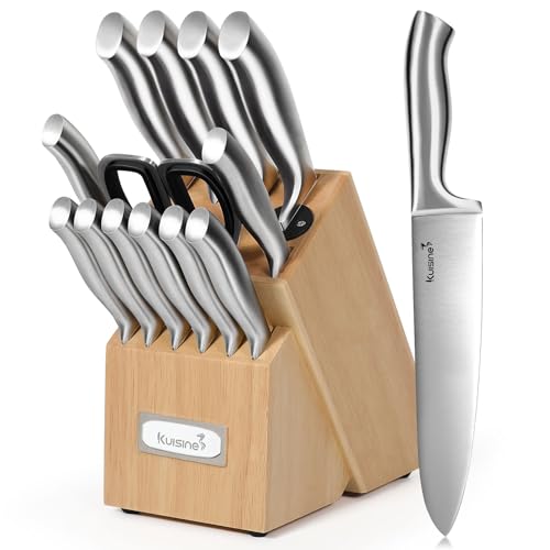 Kuisine Premium Sharp Knife Set Carbon Steel Forged,Ergonomic Handle Knife Block Set,Kitchen Block Knife Set,Chef Knife Set Built-in Sharpener(Silver Pro, 15PCS) - color: ET White