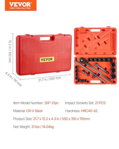 VEVOR 3/4 in Drive Impact Socket Set, 21 Pieces SAE 3/4 in to 2 in, 6 Point Cr-V Alloy Steel for Auto Repair, Easy-to-Read Size Markings, Includes Extension Bars, Ratchet Handle and Storage Case - size: 3/4" 21PCS