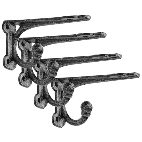 Cast Iron Shelf Brackets 4 Inch, 4 Pack Black Rustic Shelf Brackets with Hooks，Heavy Duty Floating Brackets Wall Mounted, Decorative Brackets for Wood Shelves - size: 4 Pack 4'' Bracket