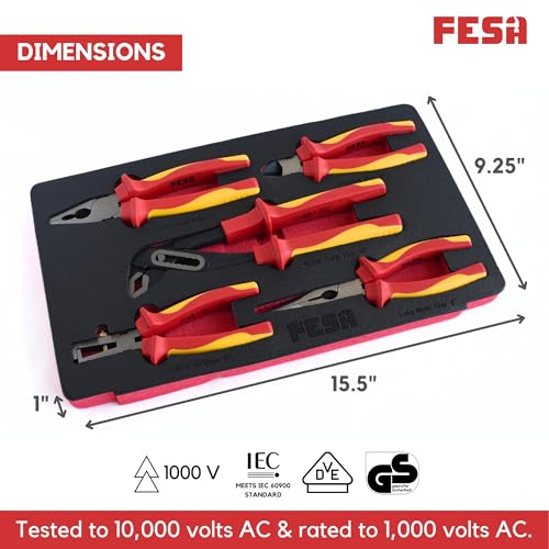 FESA Electrician Insulated Pliers Set - 1000V 5-Piece Professional Electrician Pliers Set with Chrome Vanadium (CR-V) Jaws & Soft-Grip Traction Handles - 1000V Insulated Tools for Electricians