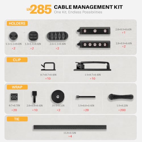 285 PCS Cable Management Kit - for Computer TV Under Desk - Black