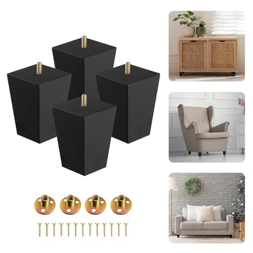 Yes4All 4 Inches Square Black Solid Wood Furniture Legs Set of 4, Heavy Duty 800 Lbs Capacity Furniture Legs with Leveler, Replacement Legs for Furniture, Couch, Sofa, Dresser, Ottoman - color: Square Black, size: 4 inch