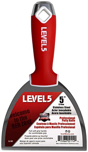 5" Soft-Grip Stainless Steel Drywall Joint Knife - LEVEL5 | Pro-Grade | Comfortable Finishing Hand Tool | Metal Hammer End | Sheetrock Gyprock Plasterboard Mud | 5-141 - size: 5"