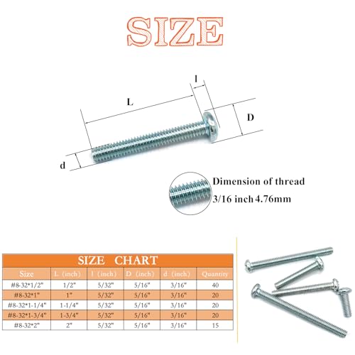 115 Pcs 5 Sizes #8-32 Machine Screws Knob Cabinet Screws Electricians Screws, Carbon Steel Zinc-Plated Phillips Pan Head Machine Screws Assortment Kit - size: #8-32-5Size-115P