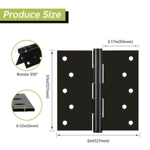 Black Stainless Steel Door Hinges 5x5 Inches (6 Pack), Heavy Duty Ball Bearing Hinges with Mounting Screws, Rustproof and Quiet - size: 5x5inch - 6 Pcs