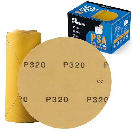 S SATC Premium Gold Sandpaper 6 Inch 100 PCS Sanding Discs 320 Grit Self Adhesive Stickyback Sandpaper Roll Aluminum Oxide PSA Sandpaper Discs for Wood, Metal, and Car Paint - style: 320 Grit