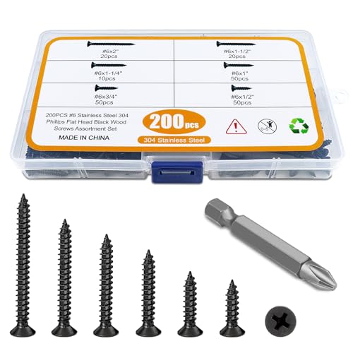 200PCS #6 Black Wood Screws Assortment Kit, 304 Stainless Steel Screws, Drive Sheet Metal Self Tapping Screws with Screwdriver Bit, 6 Sizes (2”,1-1/2”,1-1/4”,1”,3/4”,1/2”) - style: Black #6 Flat Head Set 200PCS