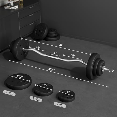 Yaheetech Curl Bar with Weights Adjustable W-Shaped Barbell Home Gym Set | Knurled iron bar with concrete-filled hdpe plates, star locks adjust weight for compact, gym-free strength training at home - size: 44 lbs