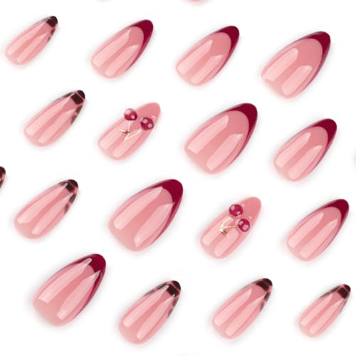 Mivota Medium Press On Nails Almond – 3D Cherry Design with Gold Branch, Red French Tips & Leopard Pattern, 24PCS Acrylic Fake Nails with Glue & Tools, Glossy Reusable Stick On Nails for Women - color: 51-French Cherry