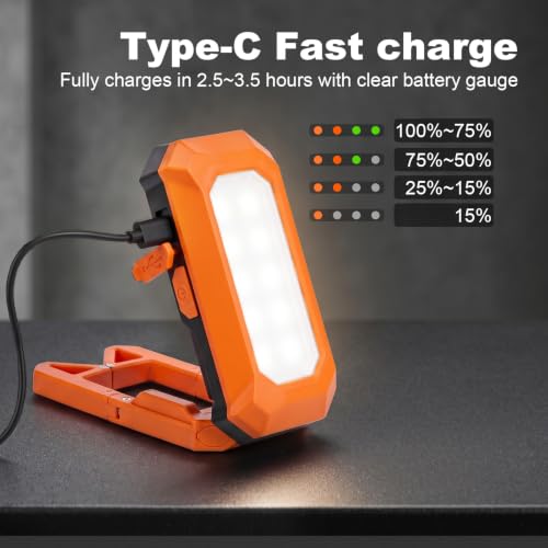 Rechargeable LED Work Light, 3000K-6500K CCT 500 Lumen, 40Hour Max, Adjustable 180° Stand IP54 Waterproof Portable Job Site Lighting for Auto Repair DIY Outdoor Camping, Gift for Man (Orange, 8, Watt)
