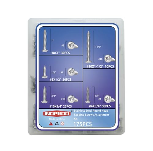 #4# 8#10 Stainless Steel Wood Screws Assortment Kit 175Pcs, Phillips Round Head, 18-8 (304) Stainless Steel, Assorted Sheet Metal Screws, Self Tapping, 4 Sizes (1/2", 3/4", 1", 1-1/2") - size: #4 #8 #10 Kit
