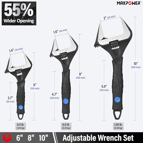 MAXPOWER 6 8 10-inch Adjustable Wrench Set, Wide Jaw Opening 1.4" 1.6" 2" - size: 6 8 10-inch