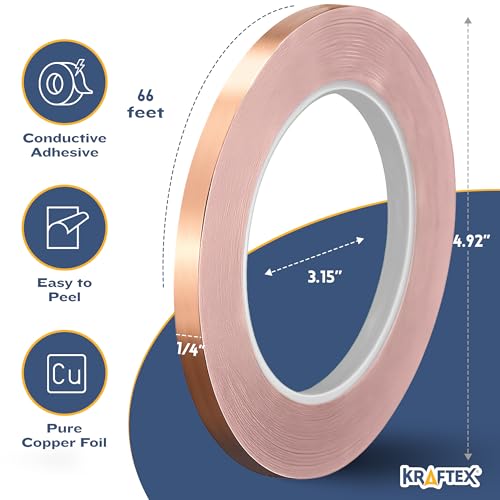 Kraftex Copper Tape 1/4 inch x 66ft. Copper Foil Tape for Stained Glass Soldering with Conductive Adhesive. Great Shielding for Guitars, EMI Shielding, Jewlery Making and Crafts - size: 1/4" x 66ft