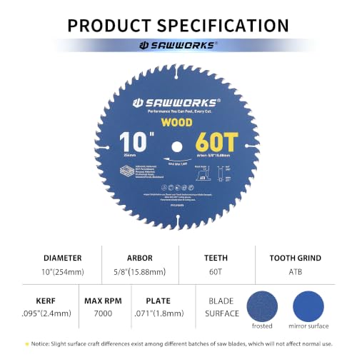 SawWorks 10" 60T Thin Kerf Circular Saw Blade Woodworking Fine Finish, Trim - size: 10 In 60T