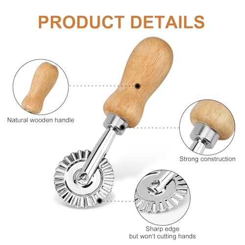TACGEA Ravioli Stamp Maker Cutter with Roller Wheel (Set of 4), Wooden Handle and Fluted Edge, for Ravioli, Pasta, Dumplings Lasagna, Pierogi
