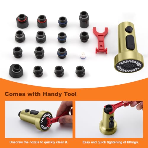 TIORIY Kitchen Faucet Head with 15 Adapters, High Pressure 3 Functions Pull Down Kitchen Spray Head Replacement, Pull Out Kitchen Sink Sprayer Nozzle, Brushed Gold, ABS - color: Brushed Gold, style: Blade Spray