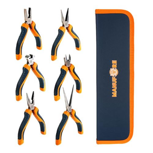 MANUFORE 6-Piece Mini Pliers Set — Needle Nose, Long Nose, Diagonal, Flat Nose, End Cutting & Linesman Pliers for Precision DIY, Electronics Repair, Jewelry Making & Crafting