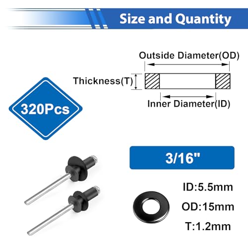 320PCS 3/16 Inch Black Pop Rivet washers for Pop Rivets Diameter 3/16" 304 Stainless Steel pop Rivet Washer Aluminum pop Rivet washers Blind Rivet Washer - color: Black, size: 3/16"
