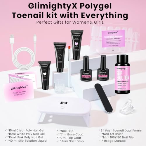 GlimightyX Polygel Toenail Starter Kit with Everything UV Light,Full Set - color: 02- 3 Colors Complete Starter Polygel Toenail Kit