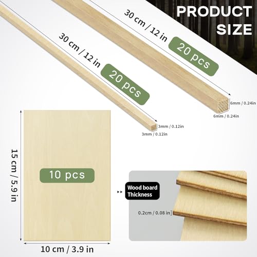 Unfinished Balsa Wood Sheets Sticks, Wood Dowel Rods Square Basswood Sheets, 50 Pcs Wooden Craft Making Supplies for Crafts DIY Projects Making