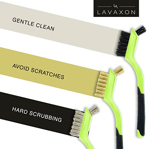 Lavaxon Wire Brush Set 3Pcs - Nylon/Brass/Stainless Steel Bristles with Curved Handle Grip for Rust, Dirt & Paint Scrubbing with Deep Cleaning – 7 Inches (Green) - color: Green
