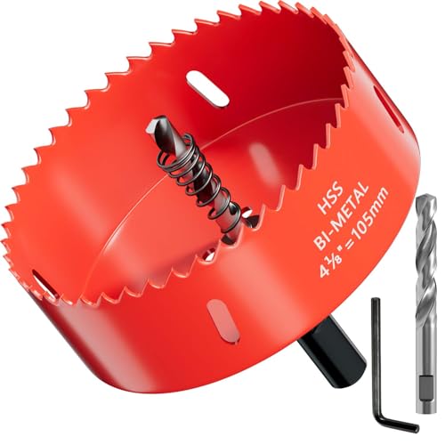 4-1/8 inch Bi-Metal Hole Saw Drill Bit - Ideal for Circular Cuts in Wood, Plastic, and Sheet Metal - 1-3/16" Cutting Depth - Includes Arbor and Pilot Bit - size: 4-1/8"(105mm)