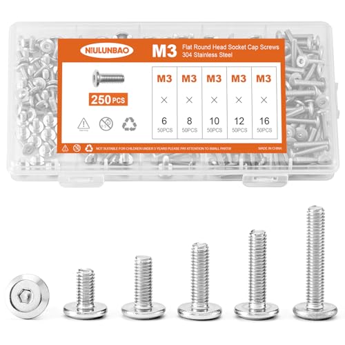 M3 x 6mm 8mm 10mm 12mm 16mm Flat Round Head Hex Socket Cap Screws Bolts, Furniture Screws, 304 Stainless Steel, Metric Fully Threaded, Allen Hex Drive, Bright Finish, Assortment Kit 250PCS - size: M3 x 6/8/10/12/16mm (250PCS)