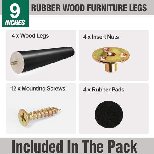 FoDau770 Rubber Wood Legs 9", Straight Taper, 5/16"-18 Thread, Black, 4pcs | Wood Couch legs - Mid Century Sofa Legs - Furniture legs Replacement for Cabinet Dresser Chair Ottoman - color: Black, size: 9 Inch - Straight (90°)