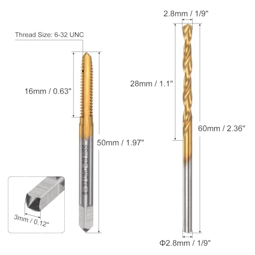 uxcell Tap & Drill Bit Set, 6-32 UNC Straight Flute Thread Tap and 1/9"" (2.8mm) Twist Drill Bit, Titanium Coated M2 High Speed Steel Thread Repair Tapping Tools, Gold - size: 6-32 UNC + 1/9" (2.8mm)