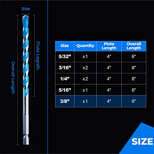 toolant 3/8" Shockproof Hex Shank Masonry Drill Bits, 5-Piece Set - size: 3/8" (5pcs)