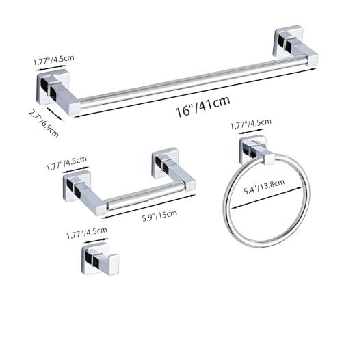 Chrome Bathroom Hardware Set 4 Pieces,Towel Bar Set Stainless Steel Wall Mounted, Includes 16In Hand Towel Bar, Towel Ring, Robe Towel Hooks,Toilet Paper Holder, Bathroom Towel Rack Set - color: Chrome-4pcs, size: 16Inch