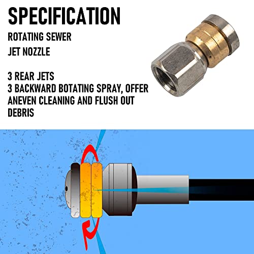 Hourleey Sewer Jetter Kit for Pressure Washer 100FT, Drain Cleaner Hose 1/4 Inch NPT, Orifice 4.0 Button Nose and Rotating Sewer Jetting Nozzle Spanner Tape Pearl Corsage Pin, 4000 PSI - size: Black-100 FT