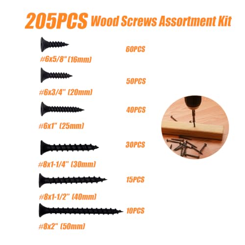 205PCS Assorted Wood Screws, Drywall Screws, Wood Screws Assortment Kit, Screw Assortment Kit,Phillips Assorted Screws, Contain 6 Sizes(2'', 1-1/2'', 1-1/4'', 1'', 3/4'', 5/8'') - size: 6 Sizes - 205PCS
