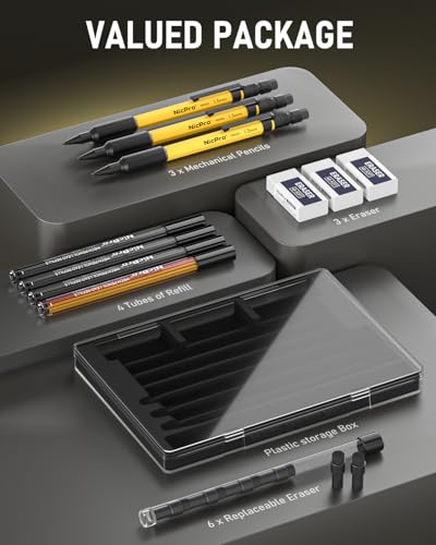 Nicpro 3 PCS 1.3 mm Mechanical Pencil Set with 48 Lead Refills, 3 Eraser - style: 3 Pack (Yellow)