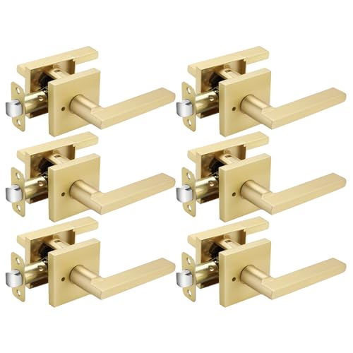 Haidms Gold Door Handles Interior, Brushed Gold Privacy Door Handle, Zinc Alloy Brushed Brass Door Handles for Bedroom, Bathroom, Heavy Duty Modern Square Interior Door Handles (6 Pack)