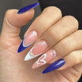 LPOODDNU Press on Nails Almond Medium - Blue French Tip Fake Nails with Heart&Diamond Designs, Glossy Finished Reusable False Nails with Double Adhesive Glue Tabs - 24Pcs Nail Kit for Women Manicure - color: blue french tip heart
