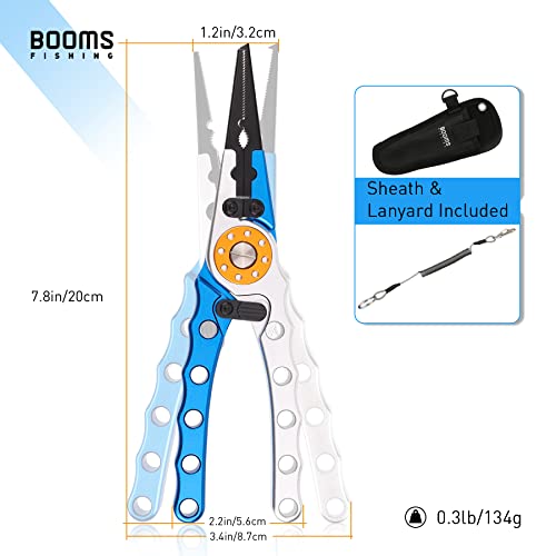 Booms Fishing X1 Aluminum Fishing Pliers Saltwater, Surf Fishing Tackle Kit, Fishing Multitool Hook Remover Braided Fishing Line Cutting and Split Ring with Coiled Lanyard and Sheath - color: Blue With Lock