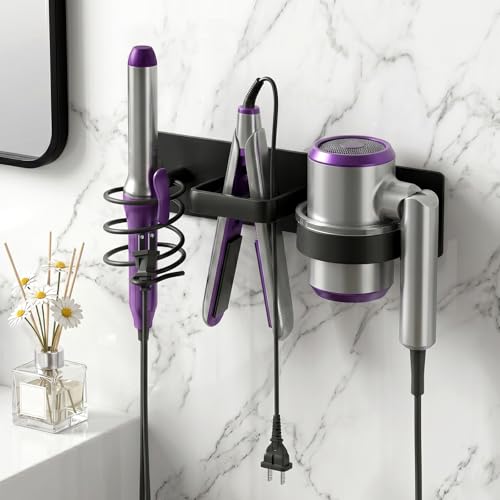 Blow Dryer Holder Wall Mounted – 3-in-1 Hair Tool Organizer Wall Mount, Curling Iron & Flat Iron Storage Rack | No-Drill or Screw-In | Fits Most Styling Tools | Space-Saving Bathroom Organizer - style: Black Circle style